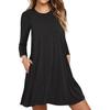 Pure Color Fall Spring Long Sleeve Mini Dress Round Neck A-line Loose Big Hem Pockets
