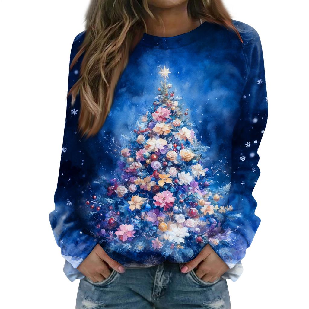 Women's Fashion Casual Long Sleeve Christmas Printed Neck Sweatshirt Top