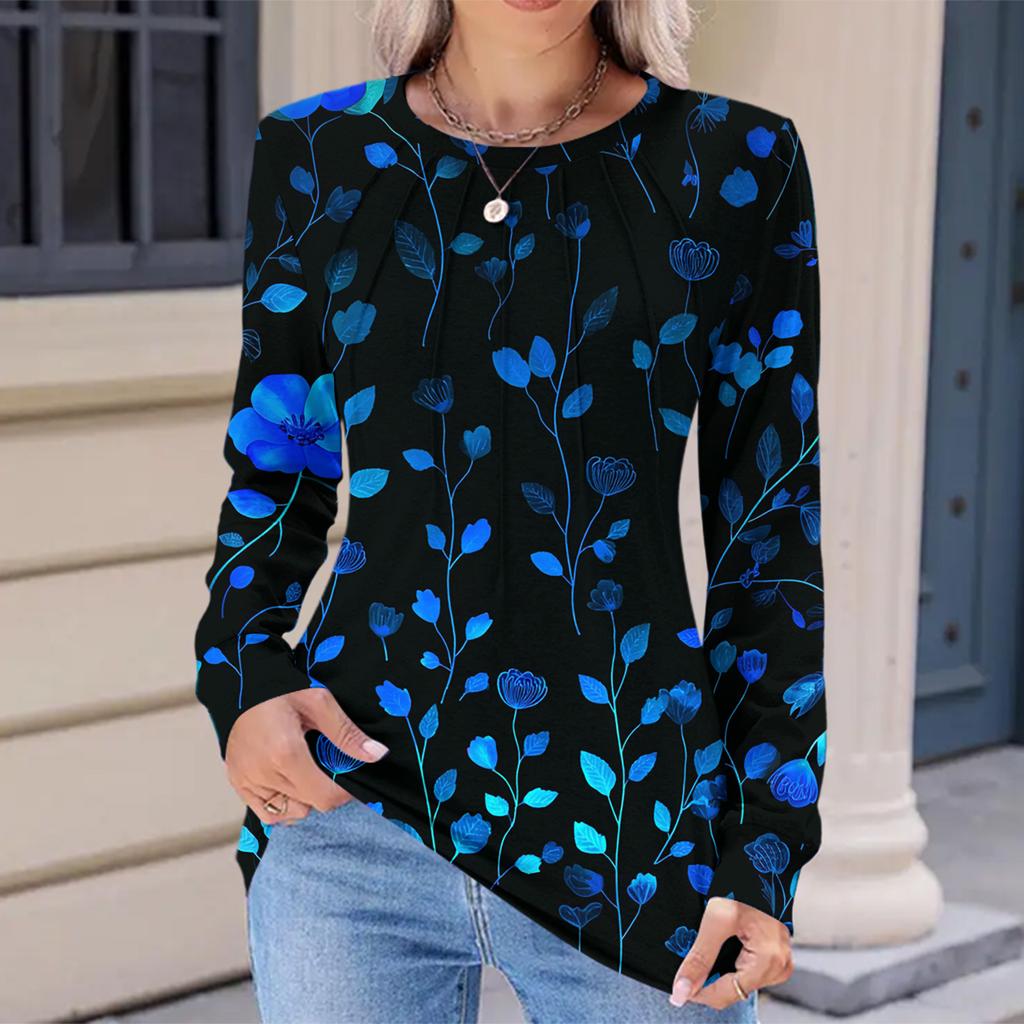 Women's Fashionable Casual Floral Retro Print Pleated Comfortable Round Neck Loose Long Sleeve T-shirt Top