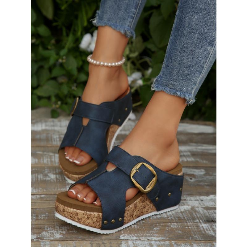 Women S Platform Belt Buckle Slide Sandals Summer Casual