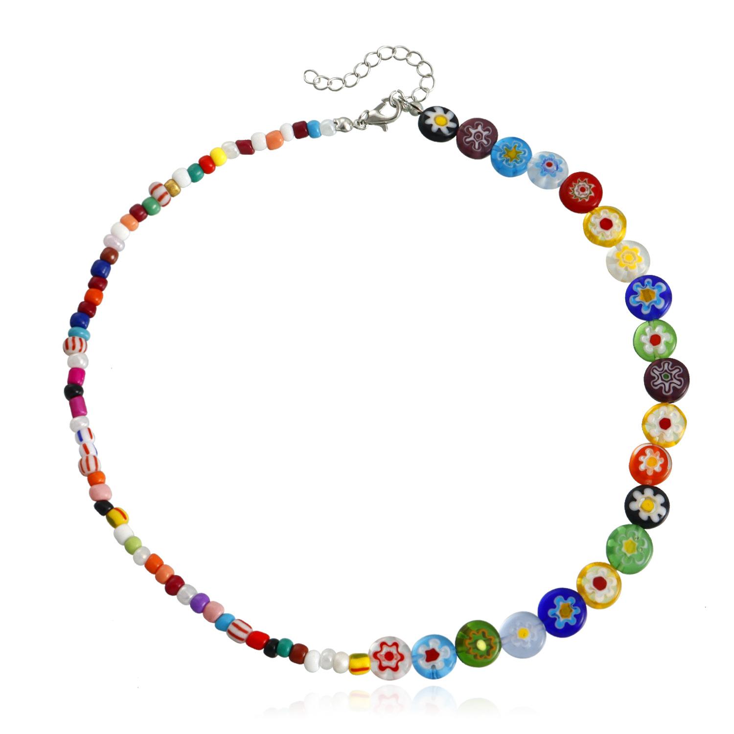 

European and American jewelry, couple fashion beaded collarbone chain, summer fresh neck chain, glazed rainbow flower necklace