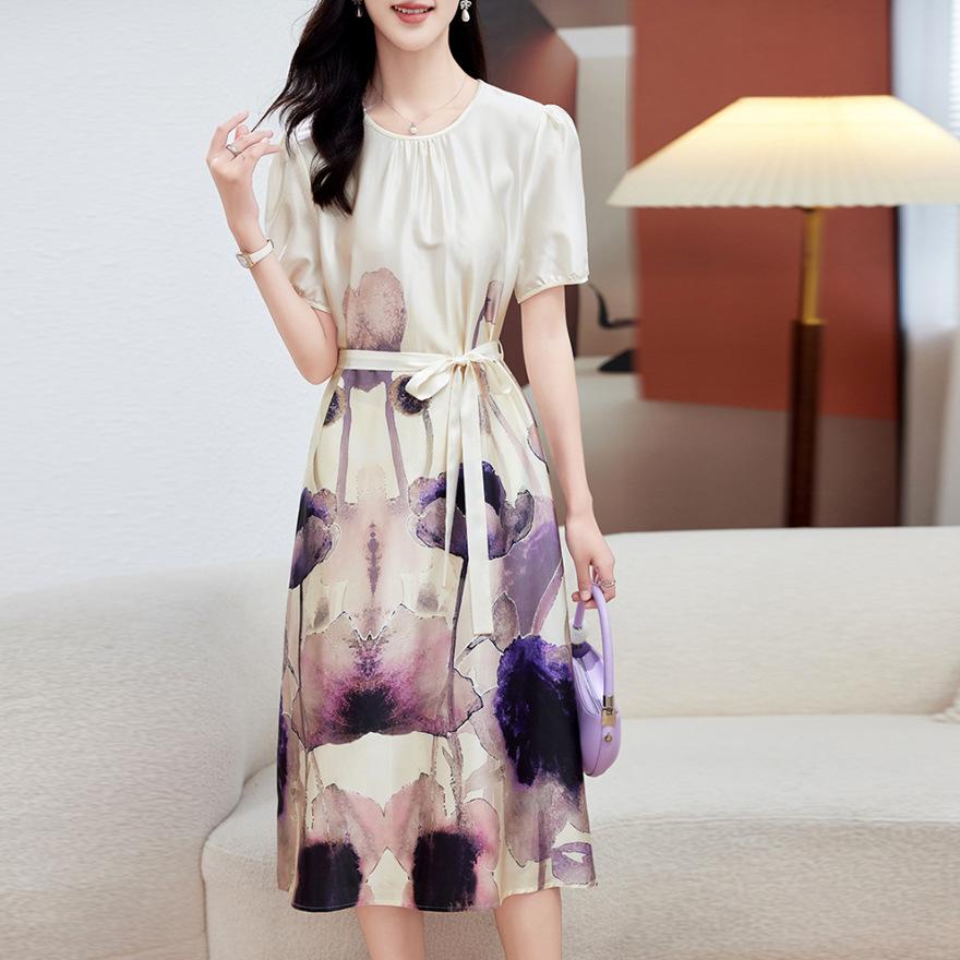 

Эластичное атласное шелковое платье средней длины и длинное, из шелка тутового дерева, с короткими рукавами, юбка с поясом, женское 3XL лавандовый