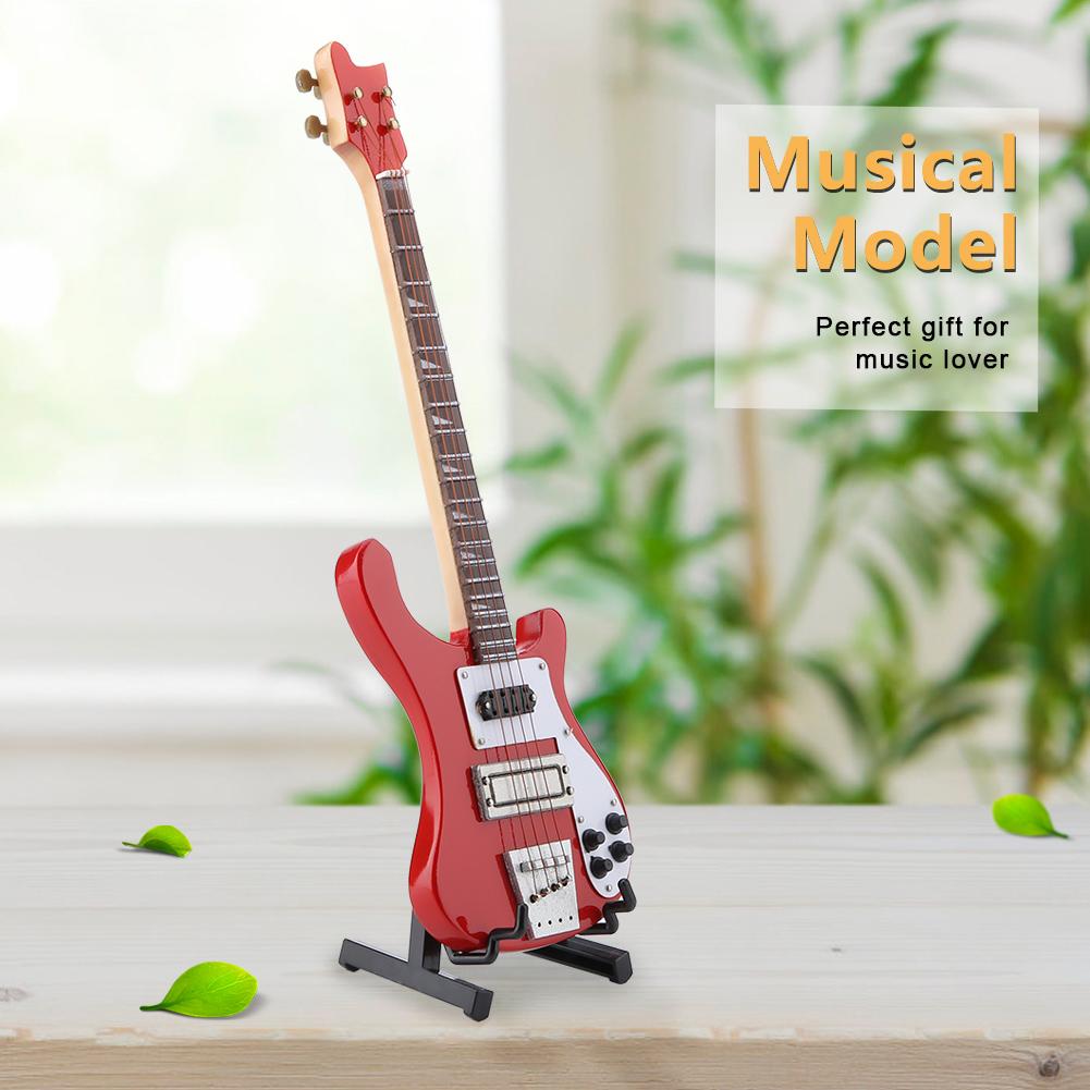 Red Miniature Bass Guitar Replica with Stand and Case Instrument Model Ornaments Christmas Gift
