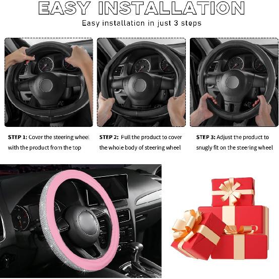 Ziciner Steering Wheel Cover, Bling Crystal Rhinestones Auto Wheel Protector, Sparkly Cover Universal Fit Diverse 14.5-15 Inch Steering Wheel,