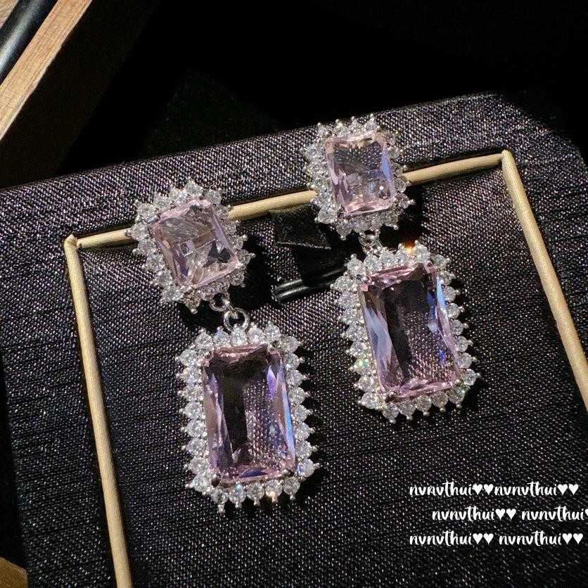 Papalacha Pink Flower Plate Gemstone Pearl Earrings Annual Meeting Lady Plated 18K Gold, Barbie Pink Rectangular Zircon Earrings