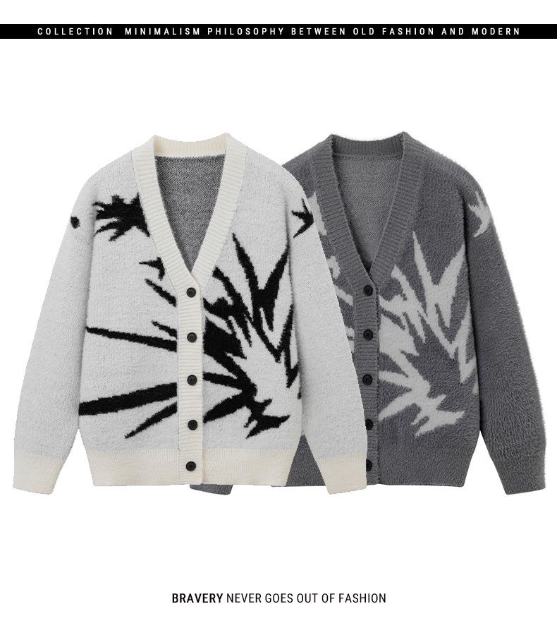 Men's Retro Color Block Thick Knit Cardigan Sweater for Autumn/Winter