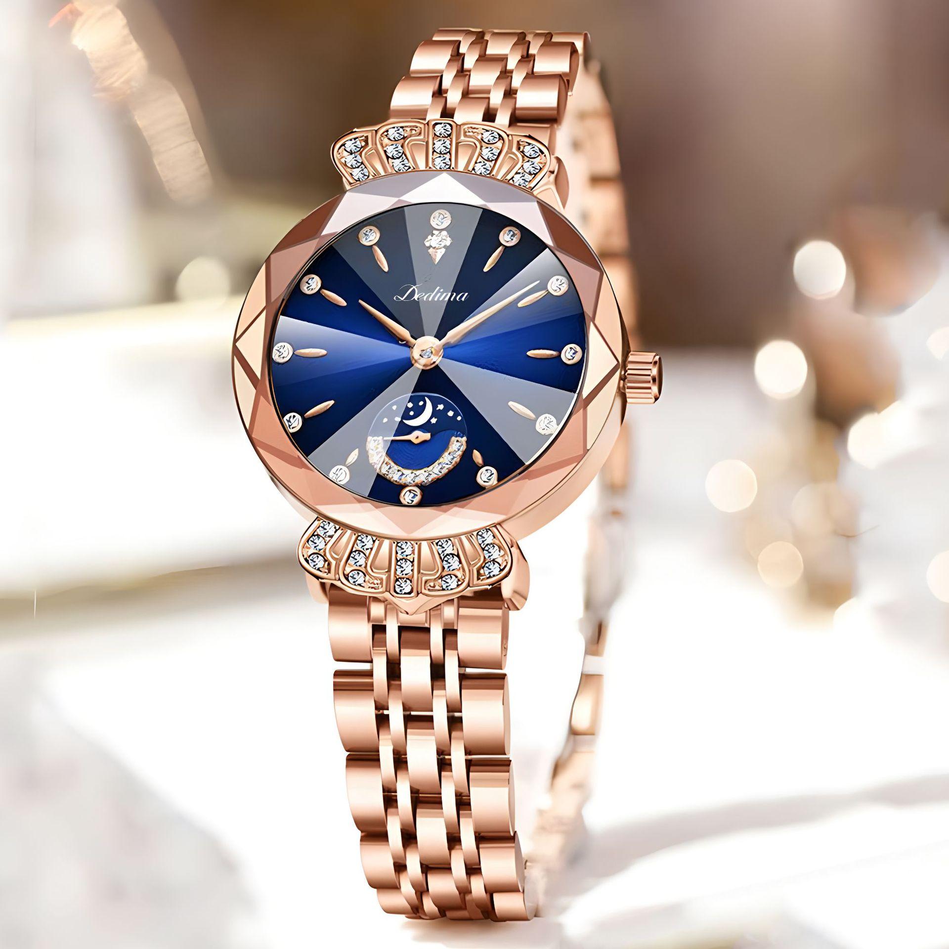 

Модные женские часы из розового золота с ремешком из цельной стали, водонепроницаемые, роскошные часы с застежкой-бабочкой в виде бриллианта, женские часы с изображением солнца, луны и звезд синий