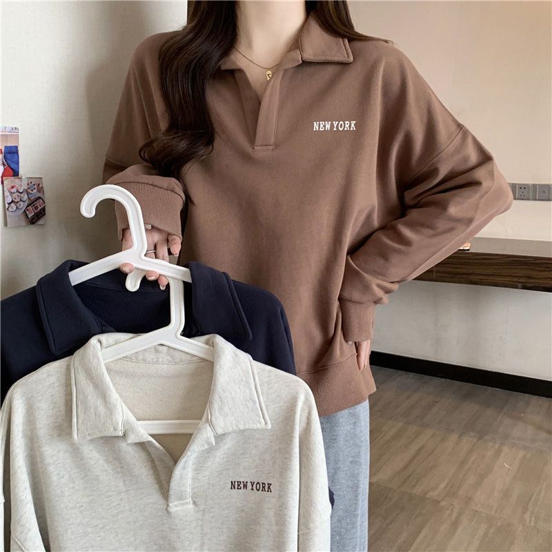 Autumn and Winter Thin Section of Long-sleeved T-shirt Female Polo Shirt Thin Age Reduction Letter Print Loose Hundred Lapel Sweater