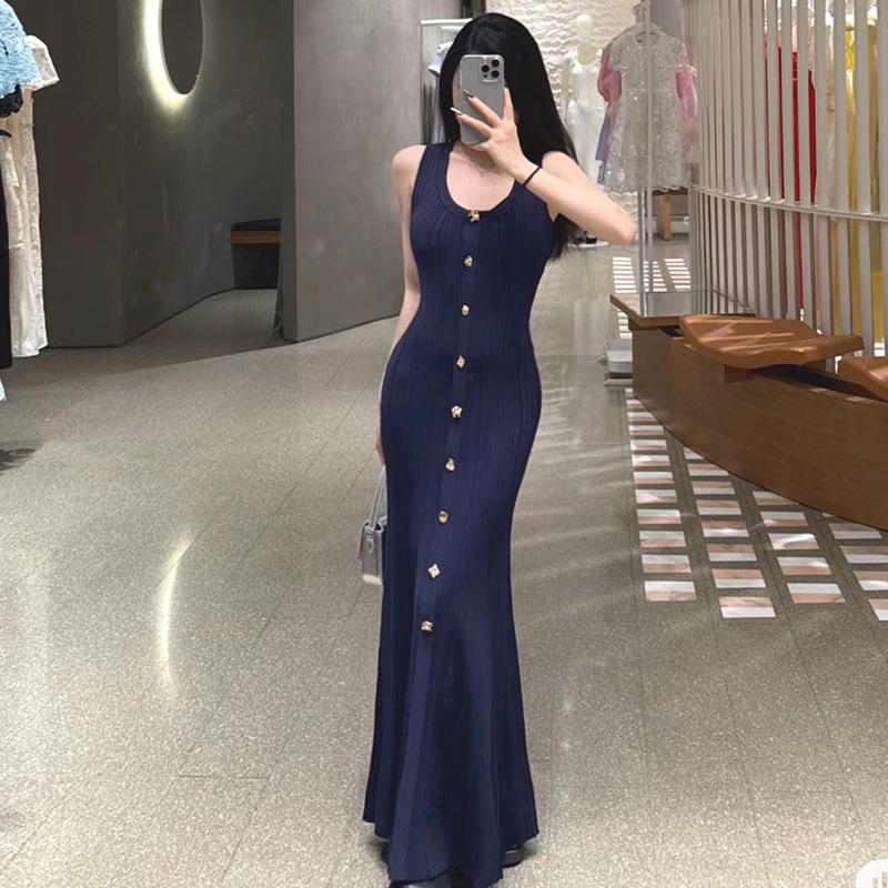 SP24 Summer Socialite U-neck Slim-fit Sleeveless Knit Dress Small темно-синий