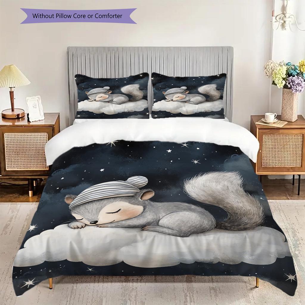 Squirrel Pattern Bedding Quilt Set Quilt Cover Pillowcase Home Decoration Birthday Gift (1 * Duvet Cover + 2 * Pillowcase, Without Core)