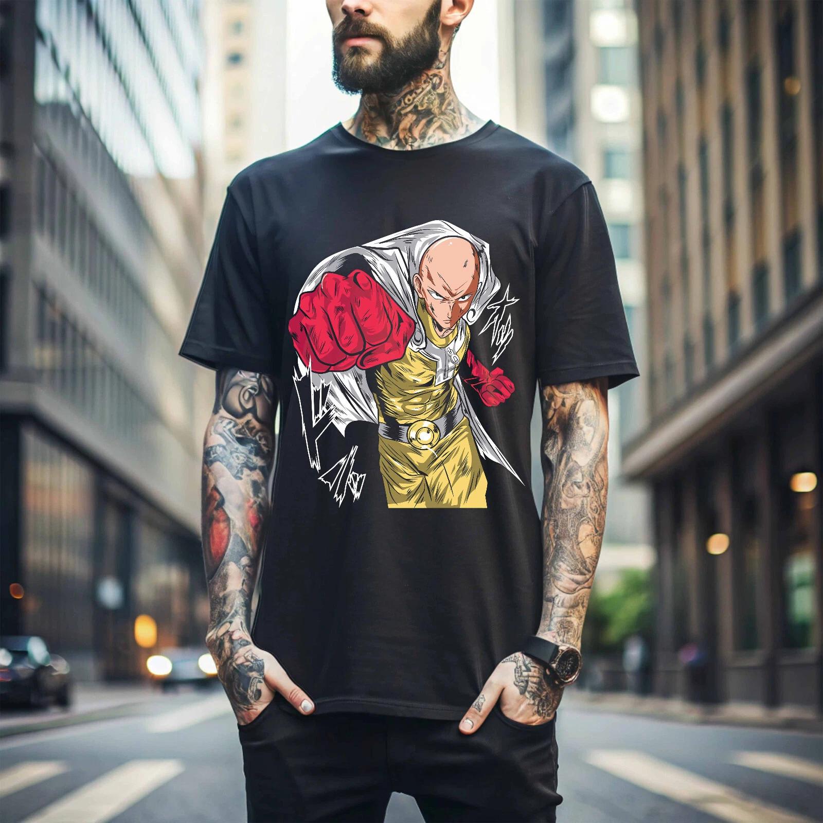 100% cotton TOPS UNISEX TEES MENS WOMENS SAITAMA One Punch Man T-Shirt Horror Anime Manga Gifts Black Shirt All Size 095 2XL чёрный
