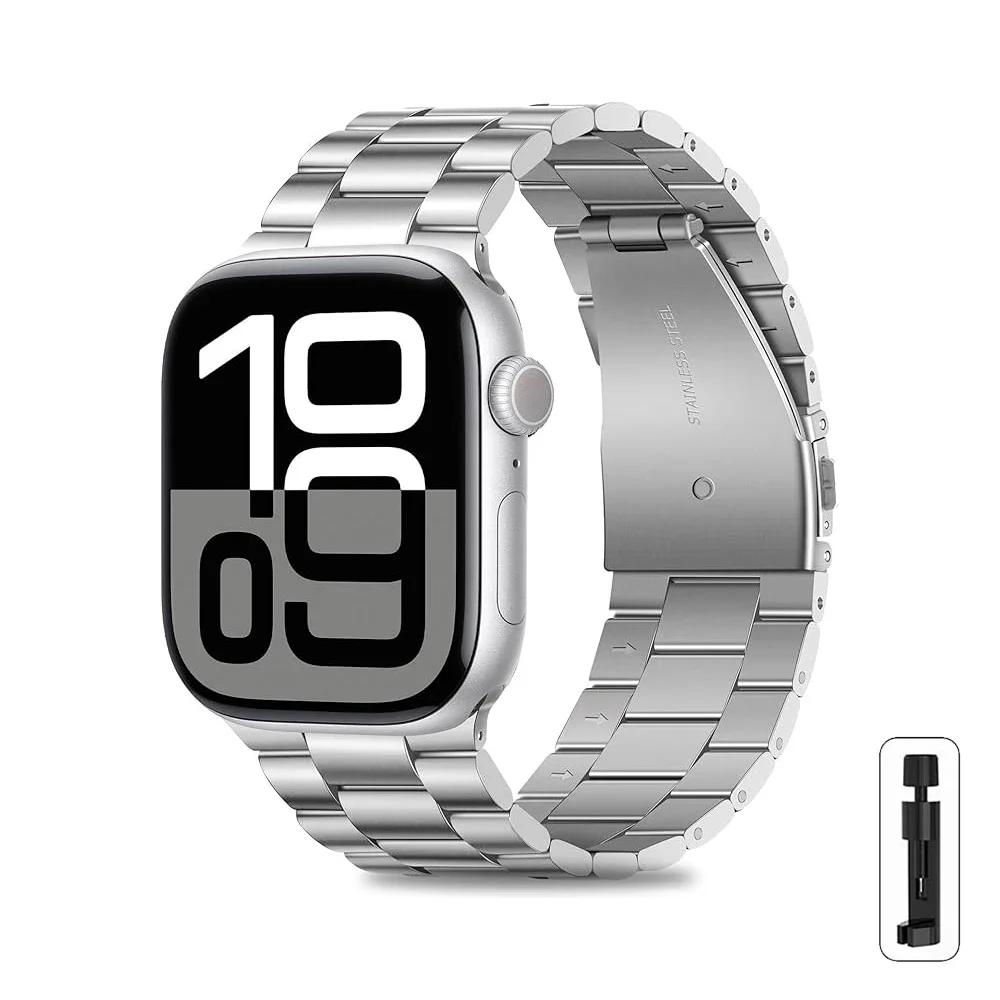 

Ремешок из нержавеющей стали для Apple Watch Ultra 3/2, ремешок 46 мм 49 мм 40 44 42 мм 41 45 мм, браслет iWatch Series 11 10 9 8 7 SE 6 5 4 42 44 45 46 49mm серебряный