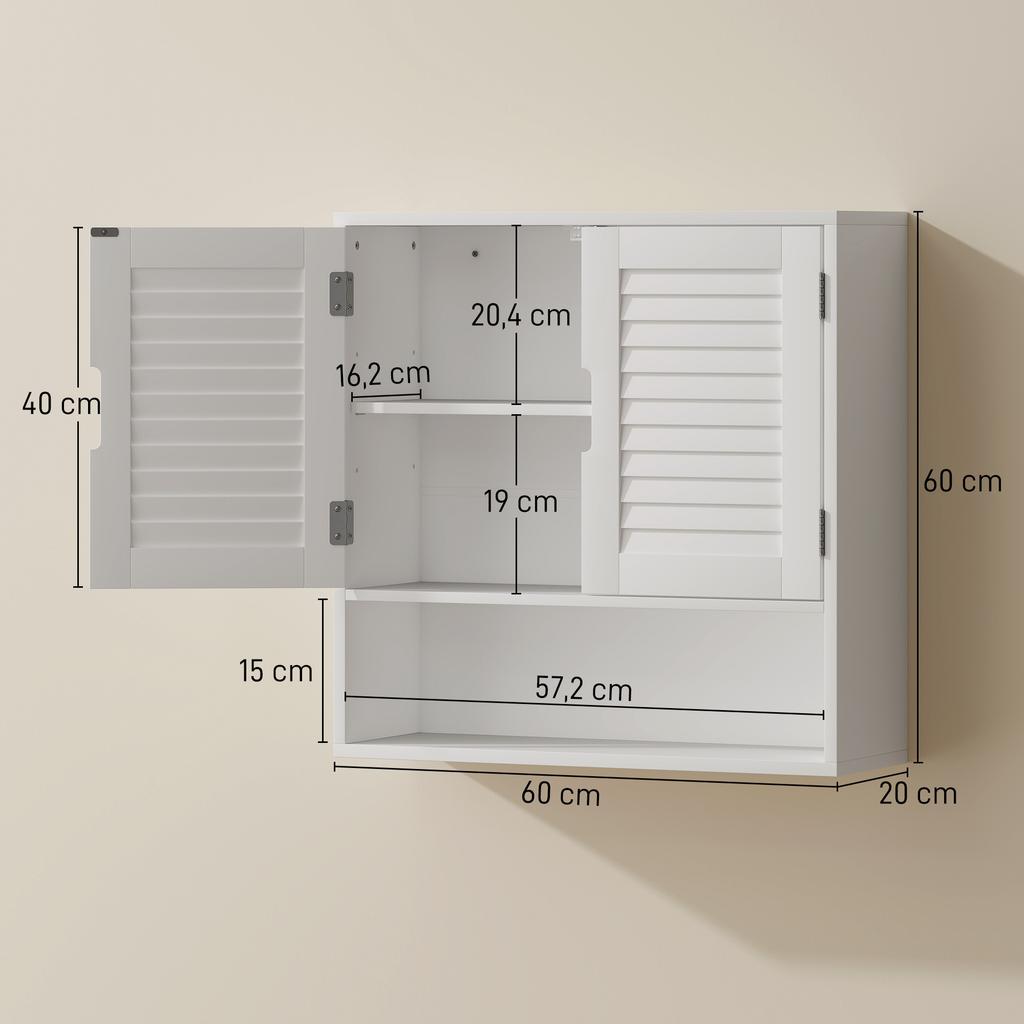 Bathroom Wall Cabinet, Slatted Door, Adjustable Shelf, Open Compartment, 60 x 20 x 60 cm, White