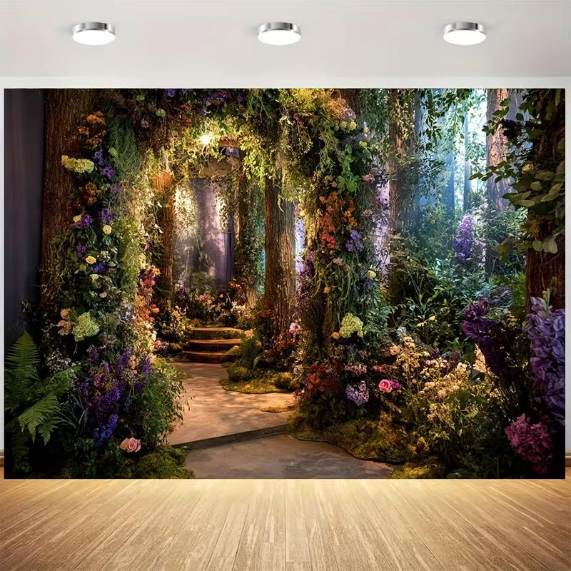 

2D Vintage Conservatory Backdrop, Autumn Floral Arch with Lake and Sky Background Cloth 47.2x31.5inch/120*80cm