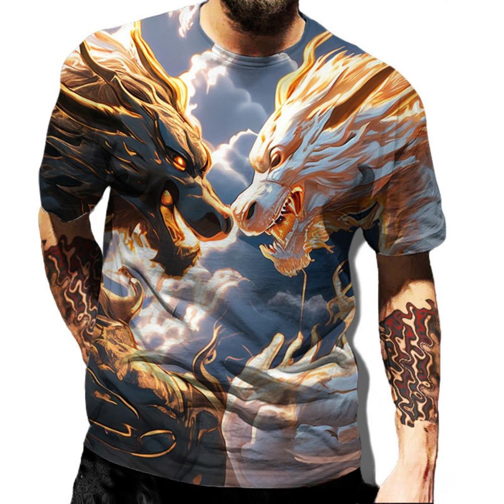 Summer Round Neck 3D Dragon Series Print Top Fashionable Casual Short Sleeved Men's T-shirts