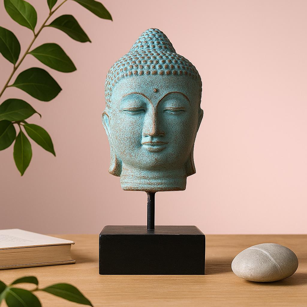 Shamtam Green Buddha Head Statue On Stand Copper