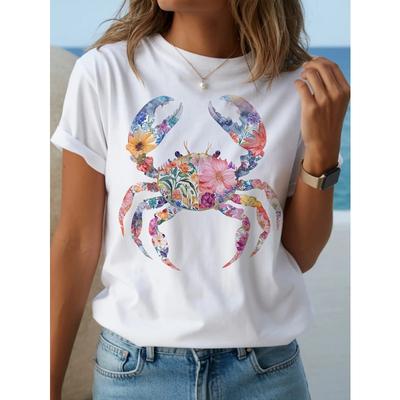 Europäische Größe Damen Krabbenprint T-Shirt - Sommerlich Lässig Kurzarm Rundhals Oberteil Geeignet für Freizeitkleidung & Geschenke, Krabben Bluse