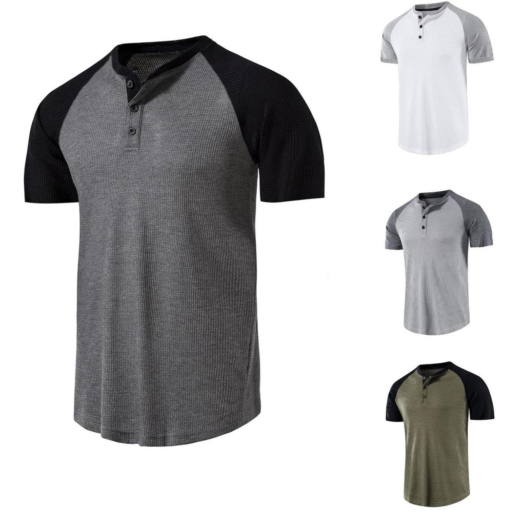 Men's Color Block Casual Sports Short Sleeved Raglan Sleeved T-shirt With Buttons