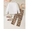 Girl's Autumn and Winter Cute Bunny Bear Printed Long Sleeved Shirt+leopard Print Pants Two-piece Set, a Gift for Children, Perfect for Outdoor