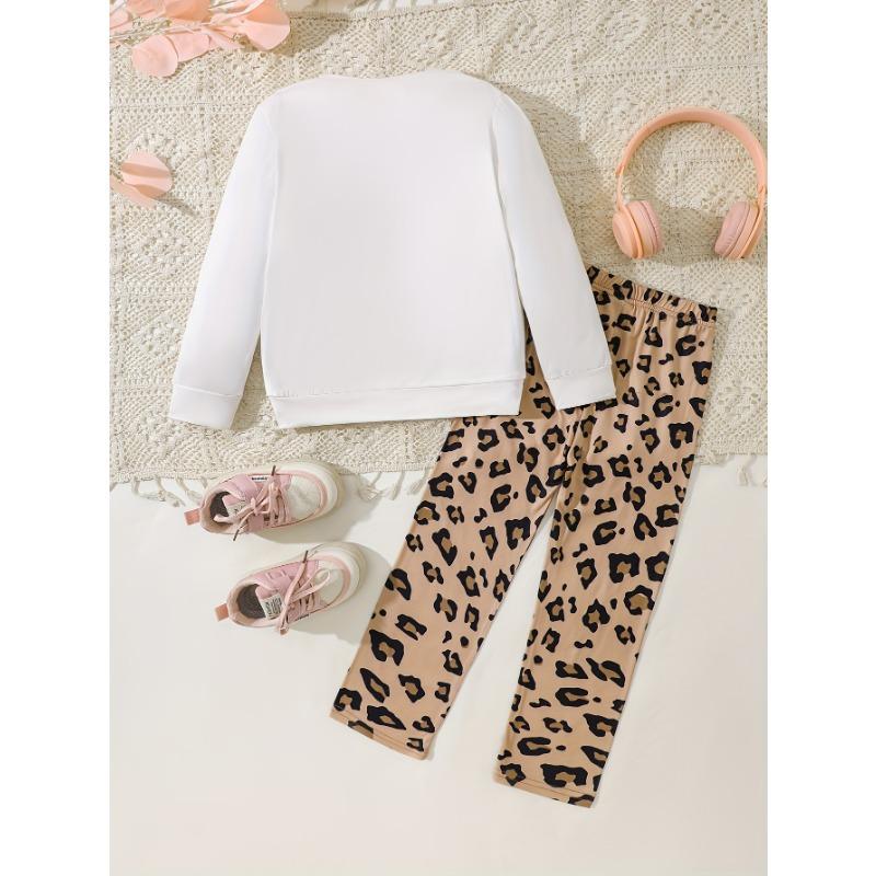 Girl's Autumn and Winter Cute Bunny Bear Printed Long Sleeved Shirt+leopard Print Pants Two-piece Set, a Gift for Children, Perfect for Outdoor