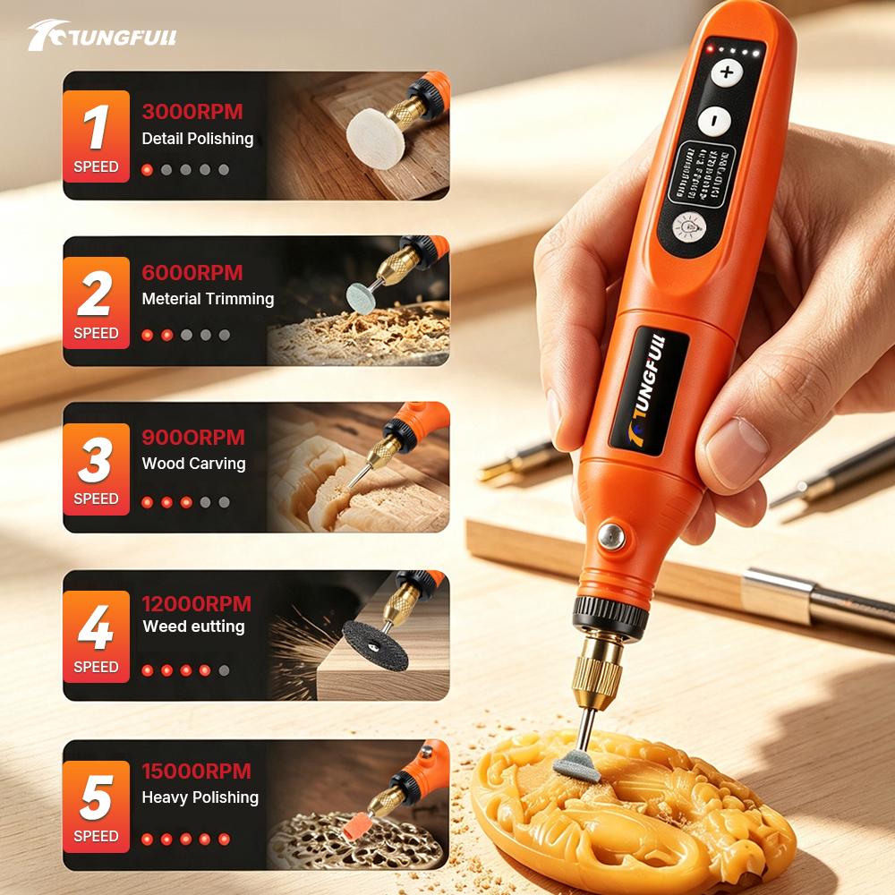 TUNGFULL Electric Engraving Pen 2000mAh 5 Speed Control Mini Cordless Rotary Tool with LED for DIY Woodworking Metal Polishing