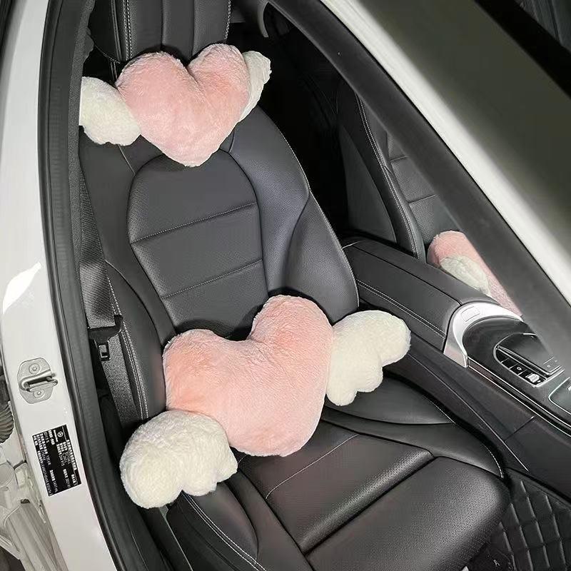 Cute Pink Heart Angel Wing Car Neck Pillow Lumbar Pillow Soft Plush Comfortable Car Seat Cushion Car Seats Interior Decoration
