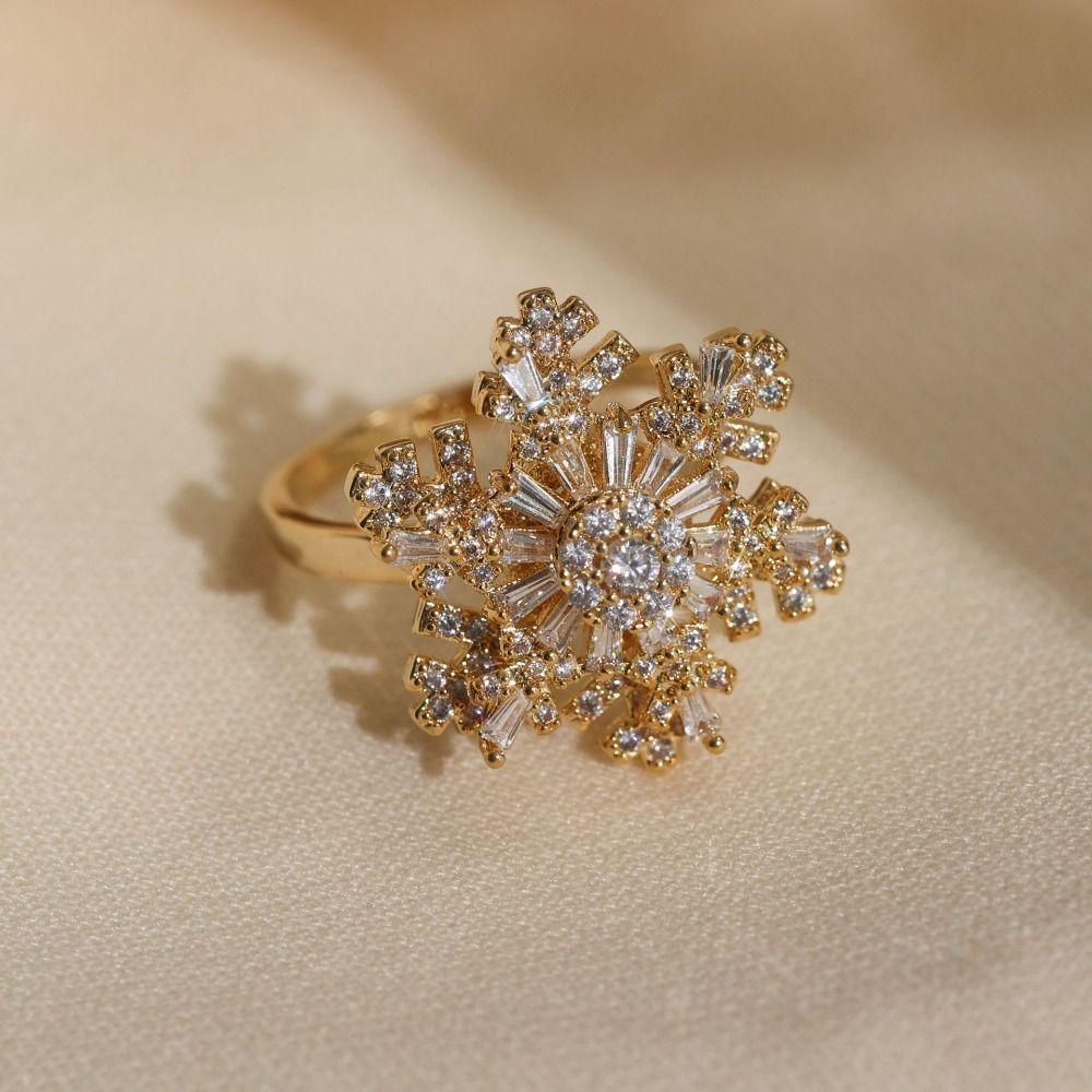 Sparkling Snowflake Ring Light Luxury Zircon Finger Ring Rotatable Snowflower Ring Wedding