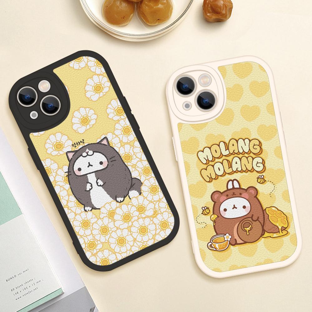 Kawaii Molang Cartoon Anime Cat Phone Case for Iphone 14 13 11 12 Pro MAX 13 12 MiNi 7 8 Plus X XS XR Lambskin Protective Covers