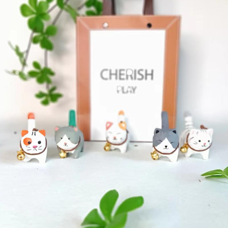 Wooden Handcrafted Carved Cat Figurine Cute Bell Desk Decor For Gifts And Home Office