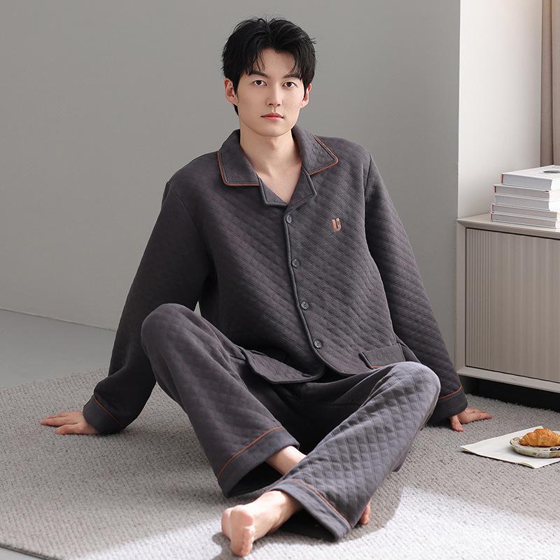 Autumn And Winter Thickened Pure Cotton Pajamas Dad Style Men'S Cotton Long-Sleeved Loungewear Warm Thin Padded Sandwich Set