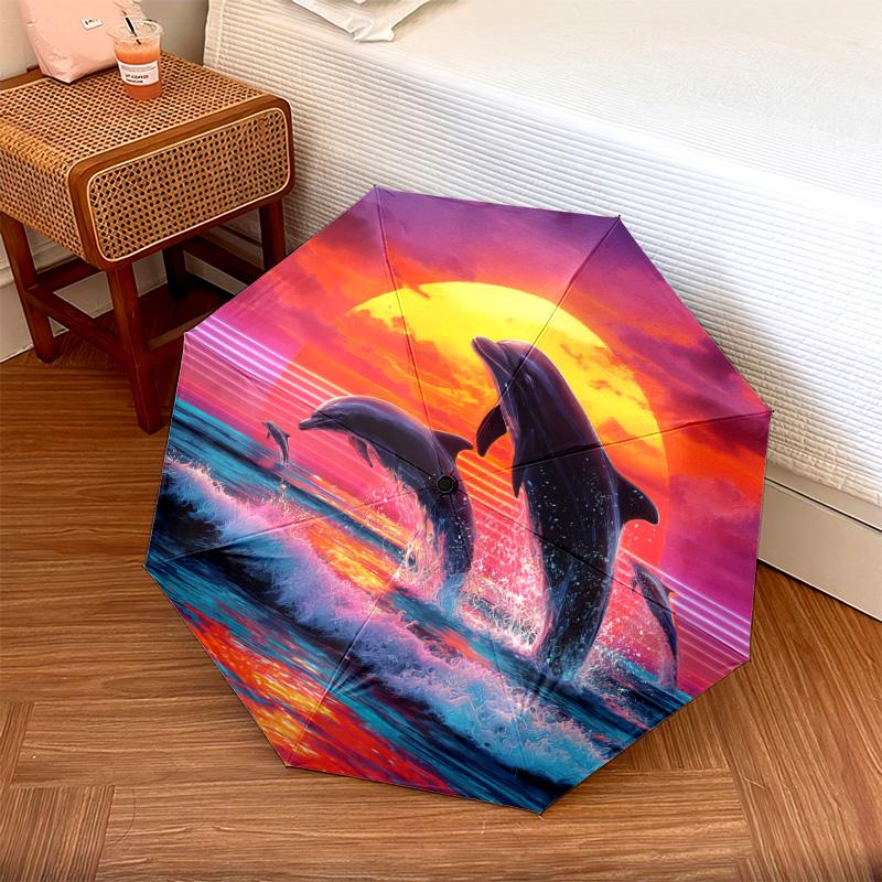1 Pezzo Ombrello Pieghevole Automatico - Fantasia Delfini, Design Portatile e Pieghevole con 8 Stecche, Regali di Natale e Compleanno