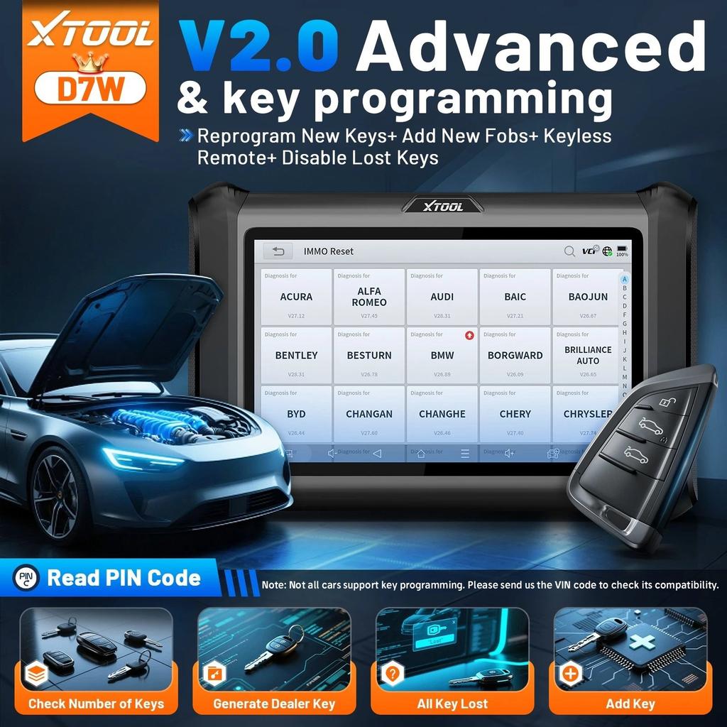 EU Stock XTOOL D7W EU Ver. Wireless Automotive Obd2 Scanner 39+ Reset Car Key Programming Machine with AI 3 Years Free Update
