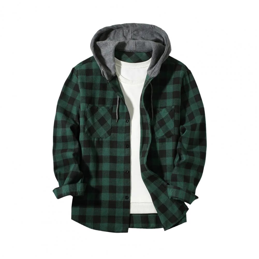 Fall Spring Men Shirt Hooded Drawstring Long Sleeves Color Matching Plaid Print Single-breasted Daily Wear School Home Shirt Coa
