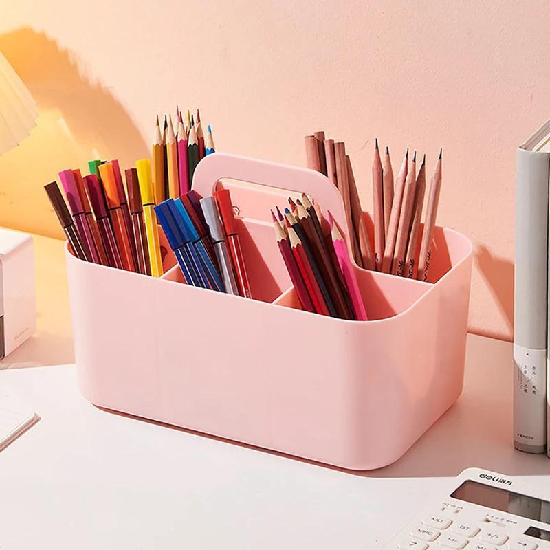 New Desktop Marker Holder Art Supply Storage Box Cosmetic Plastic Storage Basket With Handle  Pencil Pen Stationery Storage Case