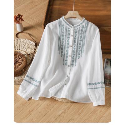 Retro Embroidered Cotton Linen Stand Collar Loose Long Sleeve Women's Shirt Spring Tops