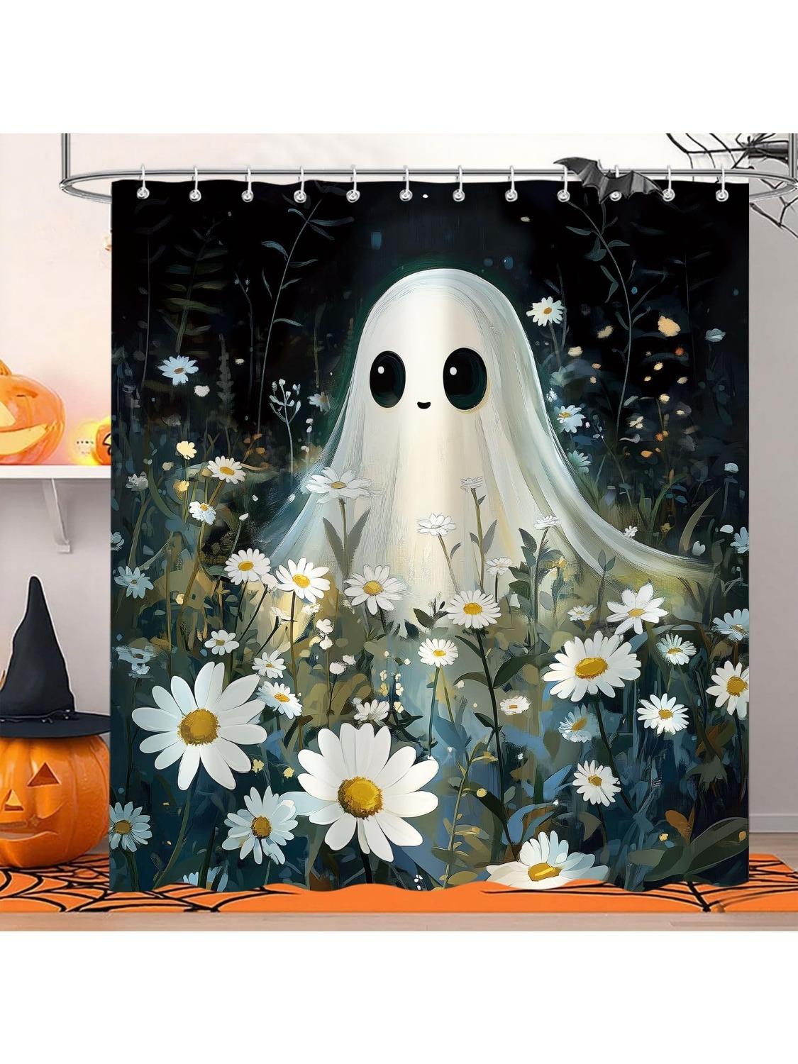 Halloween Shower Curtain, Halloween Cute Funny Spooky Ghost Horror White Floral Bathroom Shower Curtains, Waterproof Fabric Dark W60H190(CM)-1 Pcs