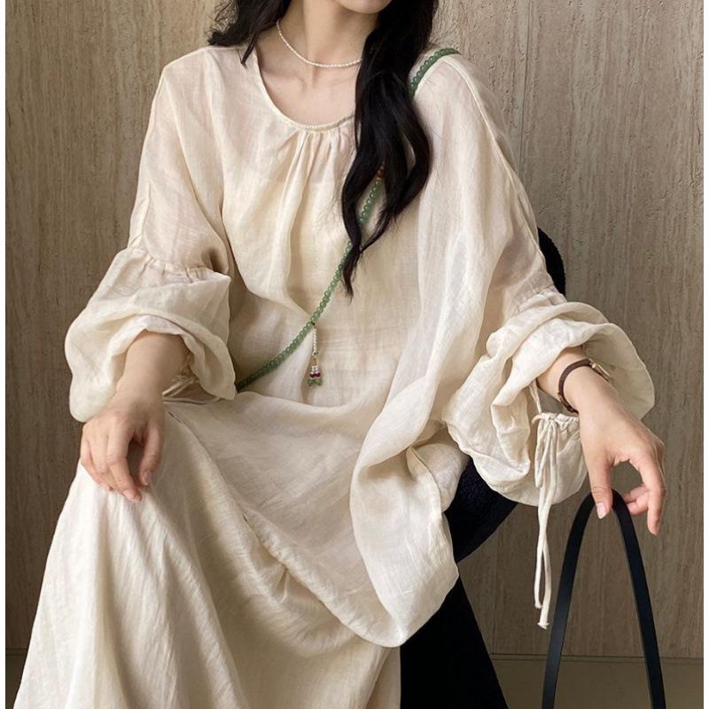 2026 Early Spring Plus Size Women’s French-Chinese Fusion Ramie Lantern Sleeve Shirt Plus Size XL