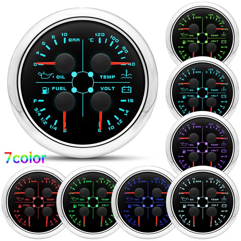 ZMFJH 7 Color Light Multi-Meter 4IN1 Oil Pressure+Water Temperature+Fuel Level Gauge+Voltage with Alarm Sensor Auto Car Boat 12V