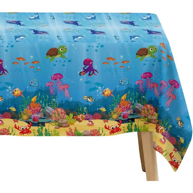 Under The Sea Party Decorations Tablecloth, 3Pcs Disposable Underwater Sea Life Blue Ocean Theme Birthday Baby Shower Tablecover Supplies, 86in x