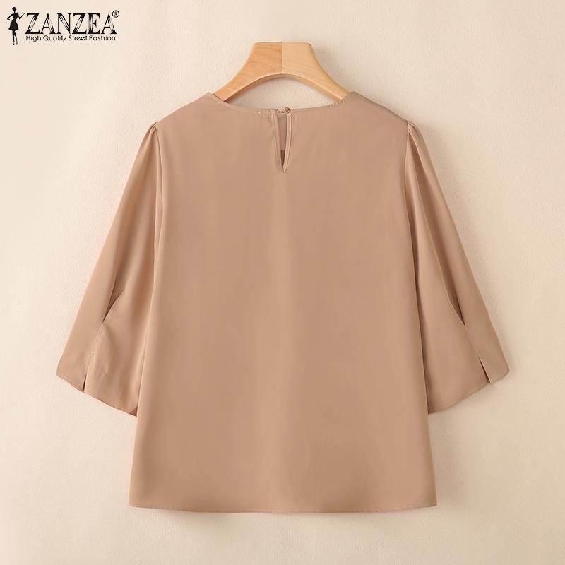 ZANZEA Bluză lejeră cu mâneci 3/4, de culoare uni, cu gât rotund