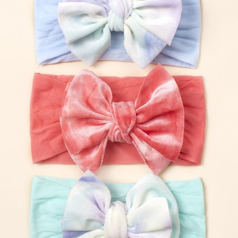 Children's nylon headband three-piece set, cute new headscarf set, golden velvet bow baby headband.