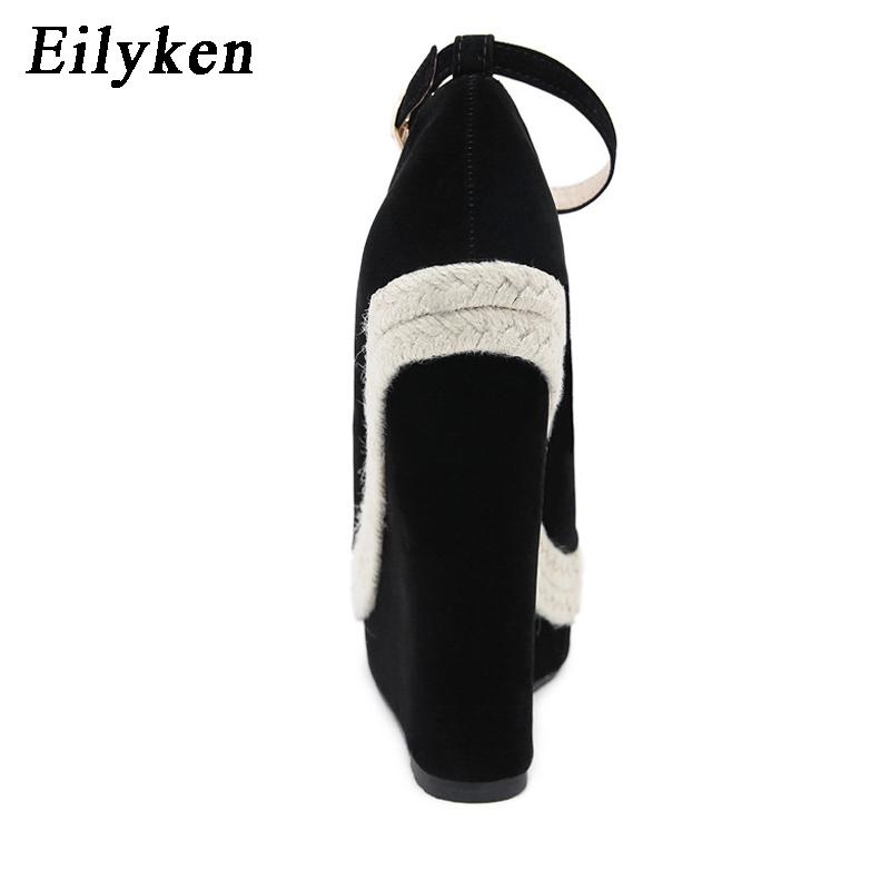 Fashion Eilyken Platform Sandals Women High Quality Flock Fabric Peep Toe Fashion Buckle Strap Wedge Heels Dress Ladies Shoes