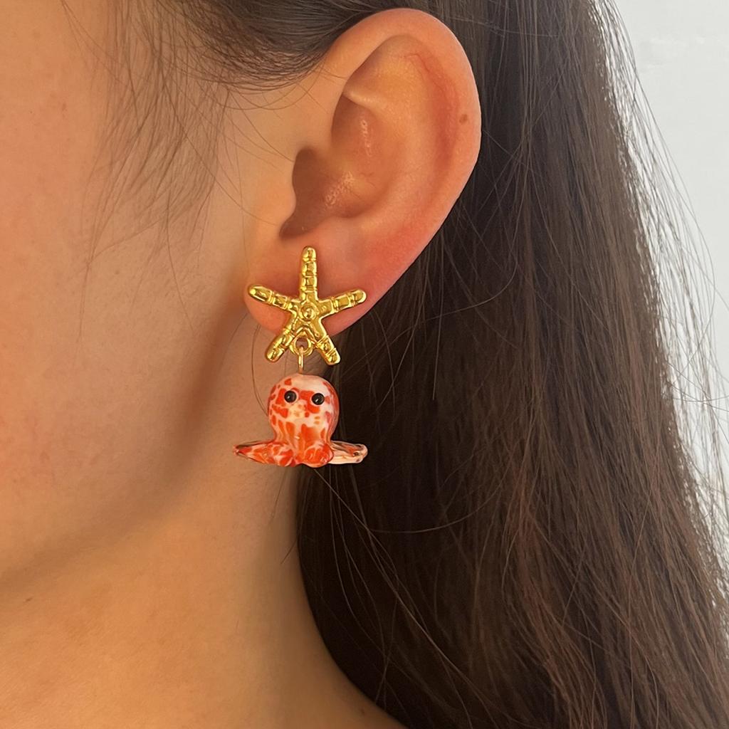 Fashion Cute Simulation Ocean Glazed Octopus Pendant Earrings Imitation Pearl Niche Ins Vacation Style Girl