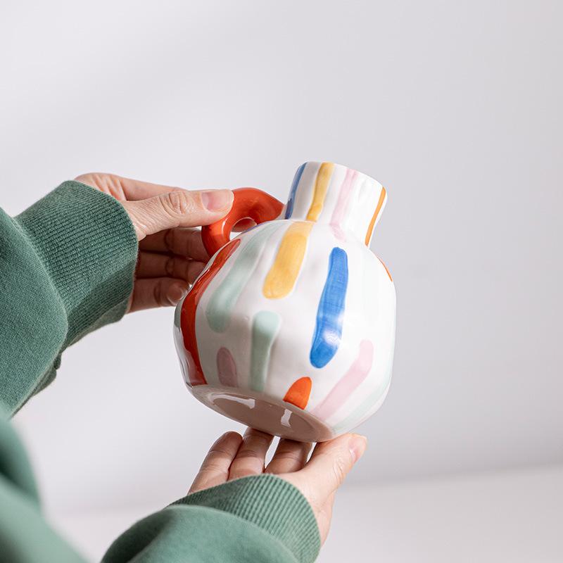 Colorful Cartoon Ceramic Vase Cute Teapot Handmade Porcelain Bottle Flower Vase Flowerpot Home Decoration Accessories