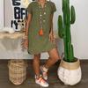 2025 Summer Solid Color V-Neck Cotton Linen Short Sleeve Dress for Women