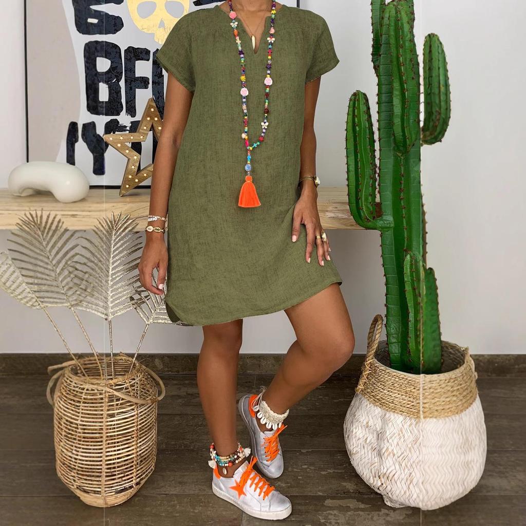 2025 Summer Solid Color V-Neck Cotton Linen Short Sleeve Dress for Women