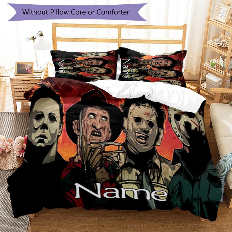 3pcs Custom Name Cartoon Horror movies Bedding Set Duvet Cover Closure Includes 1 Duvet Cover & 2 Pillowcases for All Seasons Bedroom Decor