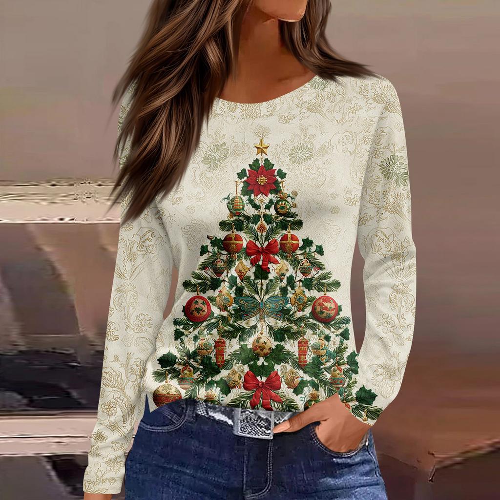 Women's Fashion Casual Slit Hem Round Neck Long Sleeve Loose  Printed T-Shirt Ladies Top