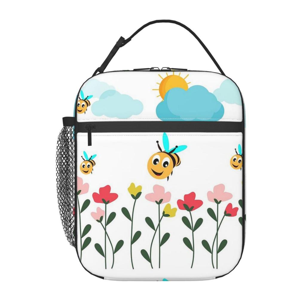 Das Muster von Bienen beim Blumenpflücken Isolierte Lunchtasche für Damen Kinder Tragbare Lebensmittelboxen Thermische Lunchbox Tragetasche