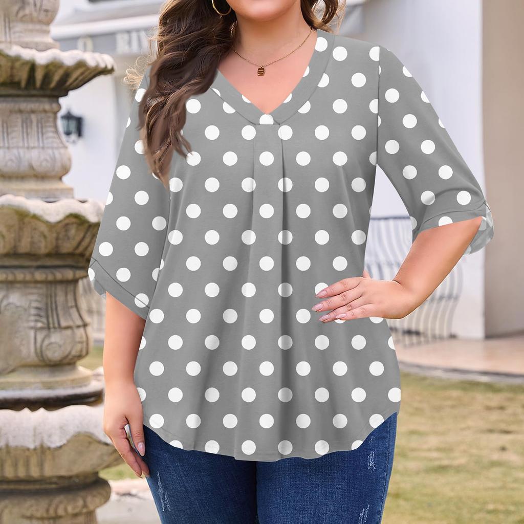 Women's Fashion Large Size Printed V-Neck Three-quarter Sleeve Top